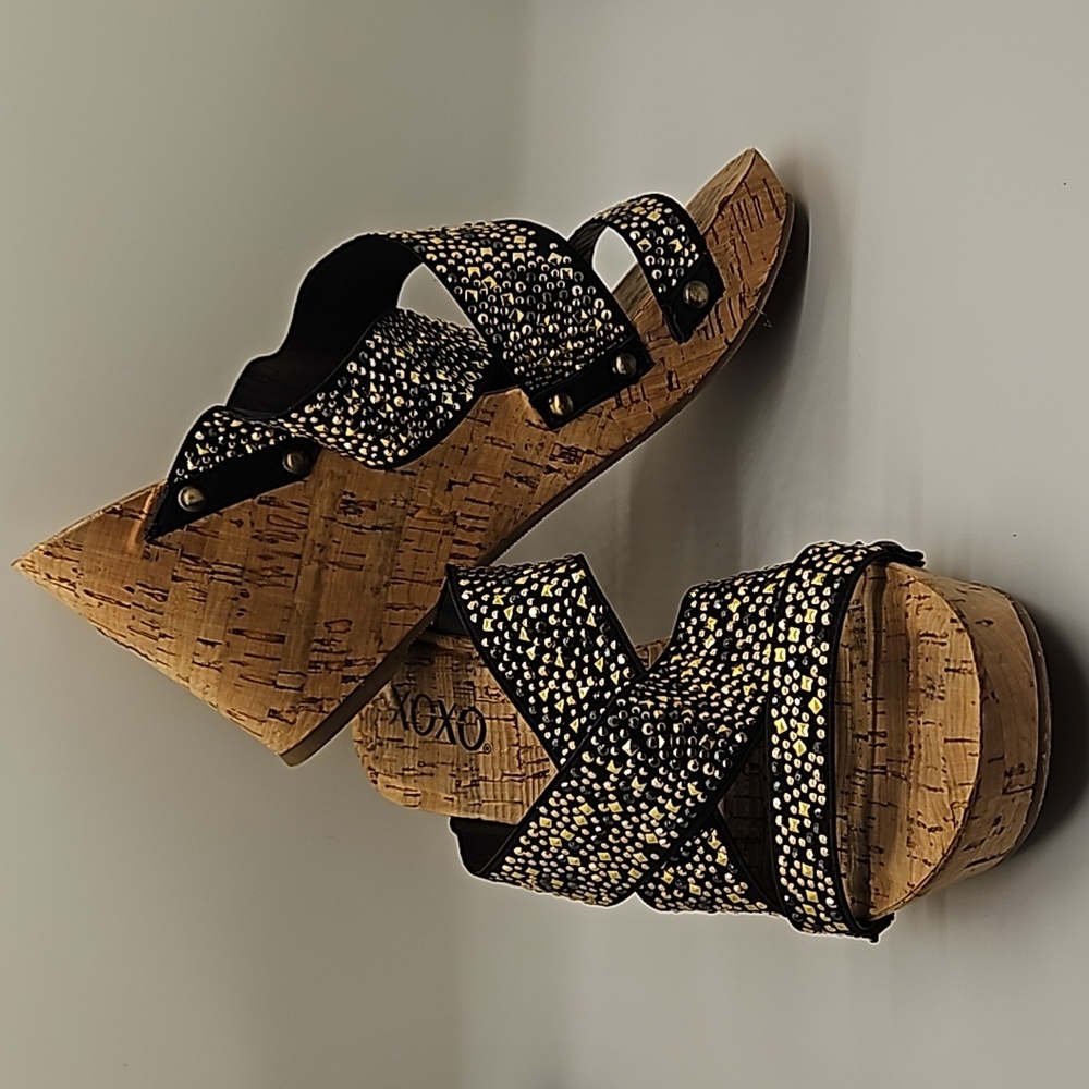Cork Platform Slides Sandals Black with Silver & Gold mini studs sz 7